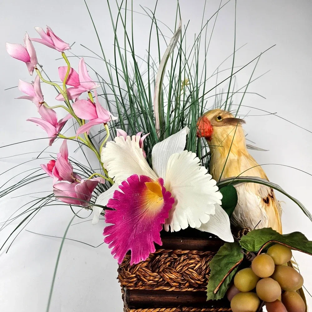 Floral‎ Wall Decor OS Brown Pink Tropical Orchid Bird Tiki Arrangement Beach